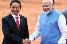 Indian Prime Minister Narendra Modi shakes hands with Myanmar President U Win Myint during the welcome ceremonial at Rashtrapati Bhavan, in New Delhi on Thursday. Myint is in India for a four-day state visit. (ANI PHOTO/R. RAVEENDRAN) 