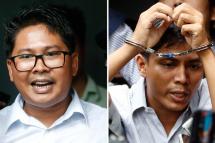 A composite image shows Reuters journalists Wa Lone (L) and Kyaw Soe Oo (R) outside the Insein township court in Yangon, Myanmar, 03 September 2018. Photo: Lynn Bo Bo/EPA