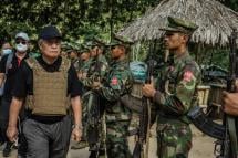 Duwa Lashi La, the acting president of Myanmar’s opposition National Unity Government, inspects a People’s Defense Force emplacement at a frontline camp in an undisclosed location in Myanmar on May 19, 2022. Photo: Facebook/Acting President Duwa Lashi La