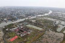 A handout photos made available by the Myanmar Military Information team shows an aerial view of damage buildings after cyclone Mocha made landfall in Sittwe, Rakhine State, Myanmar, 15 May 2023. Photo: EPA