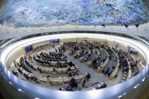 An image taken with a wide-angle lens of the 52nd session of the Human Rights Council, at the European headquarters of the United Nations (UNOG) in Geneva, Switzerland.