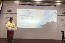 U Zaw Moe Khine, Chairman and CEO of Pacific Medical Industries LTD explains about the factory at the opening ceremony of Pacific Medical Factory in Yangon on 23 July, 2017. Photo: Mizzima
