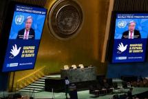 This handout image provided by the United Nations on May 2, 2023, shows UN Secretary-General Antonio Guterres delivering remarks via video during the UNESCO world press freedom event at United Nations headquarters in New York City. Photo: Eskinder Debebe/UN Photo/AFP