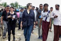 Yanghee Lee (C), United Nations Special Rapporteur on the situation of human rights in Myanmar, arrives at the Thet Kel Pyin Muslim internally displaced persons (IDPs) camp in Sittwe, Rakhine State, northern Myanmar, 13 July 2017. Photo: Nyunt Win/EPA
