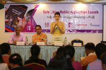 Road Safety Myanmar ambassador and model Thandar Hlaing speaks during the launching ceremony of Safe Cities mobile application held jointly by ActionAid and Mizzima Media on May 31 in Yangon. Photo: Thet Ko/Mizzima
