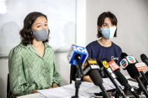 Human rights lawyer Patricia Ho, left, and Michelle Wong, program manager at Stop Trafficking of People speak to the media in Hong Kong yesterday about Hong Kongers being trafficked into Southeast Asia and forced to work in scam syndicates. Photo: AFP