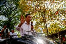 Parliamentary speaker Thura Shwe Mann, former chairperson of Myanmar's ruling Union Solidarity and Development Party (USDP) party, delivers a speech from his car during his election campaign at a village in Pyu township of Bago region, Myanmar, 05 October 2015. Photo: Lynn Bo Bo/EPA
