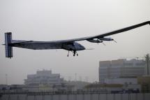 The Solar Impulse 2 plane takes off for a trip around the world from Al Bateen Executive Airport in Abu Dhabi, UAE, March 9, 2015. The trip will take the Solar Impulse 2 to Oman, India, Myanmar and China. The plane will then cross the Pacific to Hawaii and on to the US mainland. Following a flight across the Atlanic and over the Mediterranean region, the pilots are planning to return to the capital of the United Arab Emirates. Photo: Ali Haider/EPA 
