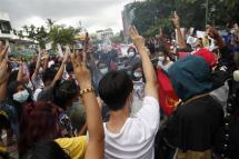 (File) Demonstrators flash three-finger salute during an anti-military coup protest in Yangon, Myanmar, 03 July 2021. Photo: EPA