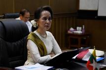 State Counsellor Daw Aung San Suu Kyi attends the Special ASEAN Summit on COVID-19 yesterday. Photo: MNA