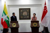 Myanmar Foreign Minister and State Counsellor Aung San Suu Kyi (R) and Singapore Foreign Minister Vivian Balakrishnan (L) speak during a joint press conference at the Ministry of Foreign Affairs in Nay Pyi Taw on 18 May 2016. Photo: Min Min/Mizzima
