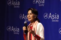 Myanmar leader Aung San Suu Kyi delivers an address at Asia Society in New York on her country's political and economic development on September 21, 2016. Photo: Ellen Wallop/Asia Society
