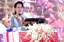 State Counsellor Daw Aung San Suu Kyi gives a congratulatory speech at the celebrations of 72nd Chin National Day, which was held in Thantlang Township, Chin State on February 20, 2020. Photo: Myanmar State Counsellor Office/Facebook