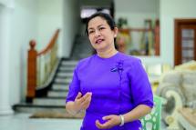 This photo taken on August 26, 2020 shows Thet Thet Khine, chairman of the People's Pioneer Party (PPP), talking during an interview in her house in Yangon. Photo: Ye Aung Thu/AFP