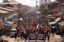 This handout from Shwe Phee Myay News Agency taken and released on May 2, 2021 shows protesters taking part in a demonstration against the military coup on “Global Myanmar Spring Revolution Day” in Kyaukme in Myanmar’s Shan State. AFP PHOTO / SHWE PHEE MYAY NEWS AGENCY 