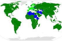 Member state of the World Trade Organization (WTO); dark green: member; light green: member of the EU and thus member; blue: observer; gray: no official Interaction with the WTO. Photo: Wikipedia