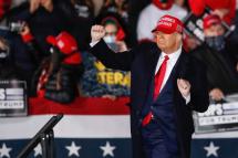 US President Donald J. Trump dances on stage after speaking during a campaign rally at the Southern Wisconsin Regional Airport in Janesville, Wisconsin, USA, 17 October 2020.  Photo: EPA