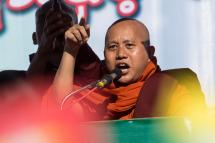(FILES) In this file photo taken on October 14, 2018 Buddhist monk Wirathu speaks during a rally to show the support to the Myanmar military in Yangon. Photo: Ye Aung Thu/AFP