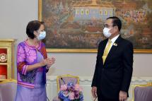 A handout photo made available by the Royal Thai Government shows United Nations Special Envoy to Myanmar Christine Schraner Burgener (L) chats with Thai Prime Minister Prayut Chan-o-cha (R) during a meeting at Government House in Bangkok, Thailand, 14 May 2021. Photo: EPA