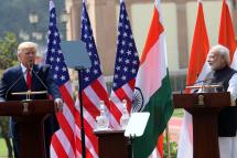 Indian Prime Minister Narendra Modi (R) and US President Donald J. Trump address the media after a meeting at Hyderabad House in New Delhi, India, 25 February 2020. Photo: EPA