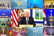 This handout photo released by the host broadcast, ASEAN Summit 2021, on October 26, 2021 shows US President Joe Biden (C) taking part in the ASEAN-US Summit on the sidelines of the 2021 Association of Southeast Asian Nations (ASEAN) summits held online on a live video conference in Bandar Seri Begawan, Brunei. Photo: Handout / ASEAN Summit 2021 / AFP