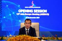  Cambodia's Prime Minister Hun Sen speaking during the opening session of the 13th Asia-Europe Meeting (ASEM13) at the Peace Palace in Phnom Penh. Photo: AFP