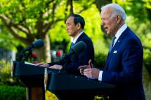 US President Joe Biden (R) and Prime Minister of Japan Suga Yoshihide (L) during a joint news conference at the White House, in Washington, DC, USA, 16 April 2021. Photo: EPA-EFE/Doug Mills