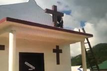 The cross on this church in Shan State in Myanmar was destroyed by soldiers from the United Wa State Army. (Screen grab from video on social media)