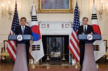 South Korean Foreign Minister Park Jin (L) and his US counterpart, Secretary of State Antony Blinken (R), hold a news conference after their talks in Washington, DC, USA, 13 June 2022. Photo: EPA-EFE/YONHAP SOUTH KOREA OUT